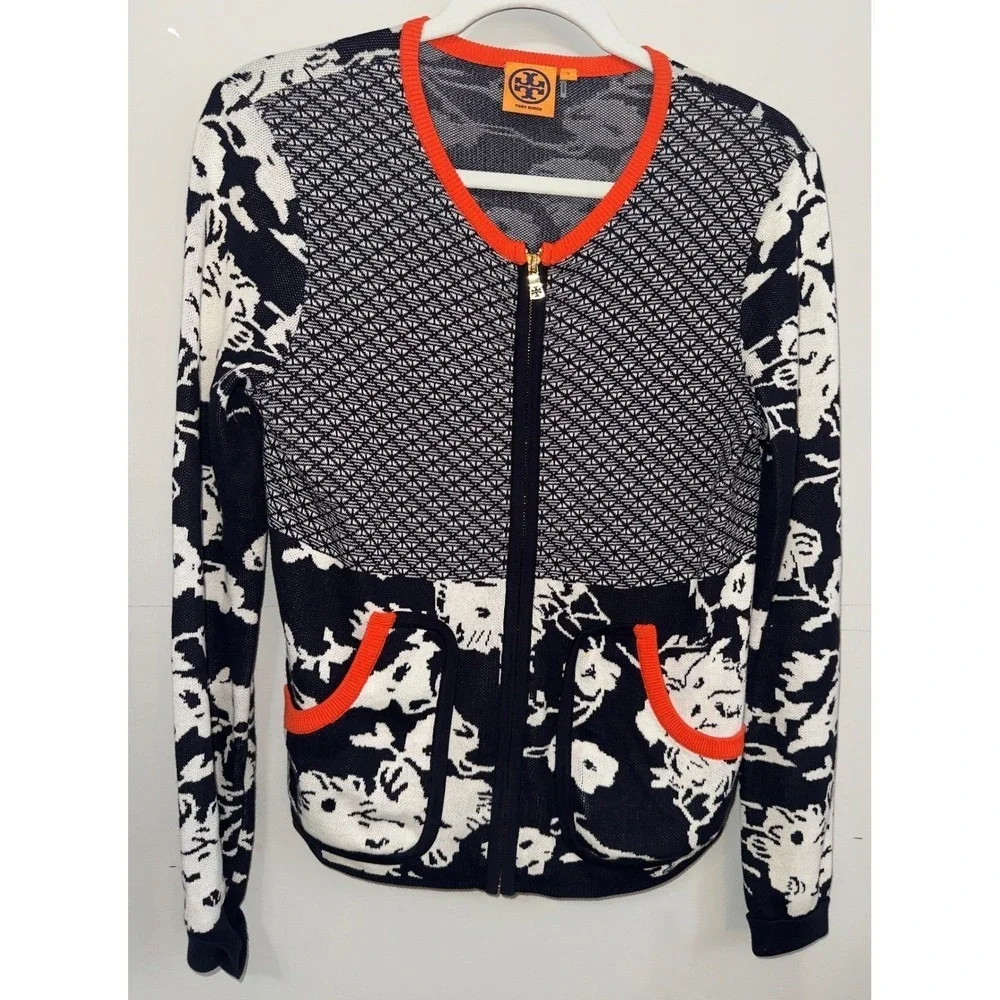 Tory Burch Women Navy White Floral Geometric Zip Front Cotton Cardigan Sweater L
